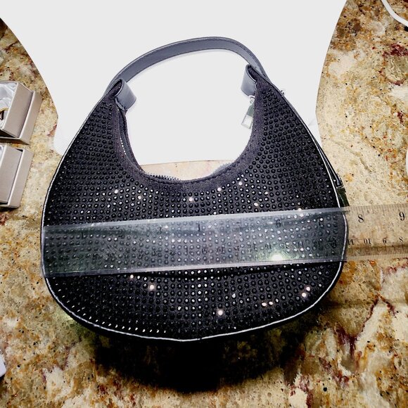 Black Austrian Crystal &Black Faux Leather Tote Bag with adjustable Handle Drop - Picture 2 of 6
